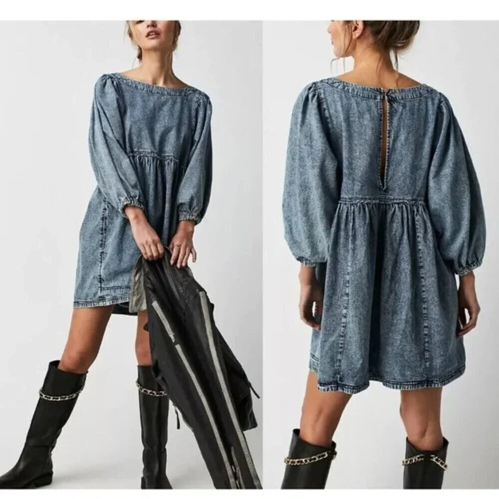 Free People Get Obsessed Cotton Denim Mini Dress Blue Size Small